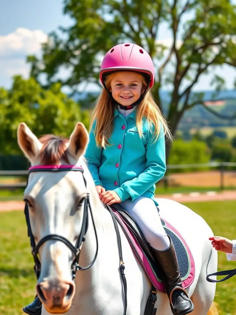 A young girl with a bright smile is gently guided on horseback by an instructor in a sunny, outdoor arena. The horse is calm and well-groomed, and the girl appears confident and happy. The background includes lush greenery and a glimpse of the French countryside, with subtle pink and turquoise accents in the riding equipment.