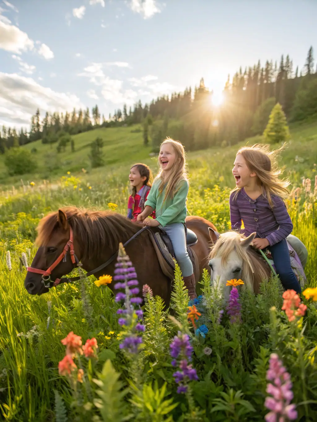 A group of children are participating in a team-building activity with horses, such as leading the horses through an obstacle course or playing a game. The children are working together and communicating effectively, and the horses are responding positively to their cues. The setting is a spacious, outdoor area with plenty of room for movement.